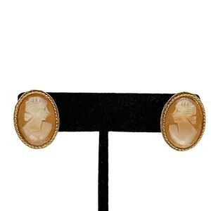 Vintage Cameo Clip Earrings Gold Tone Lady Face